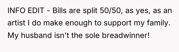 INFO EDIT - Bills are split 50/50, as yes, as...