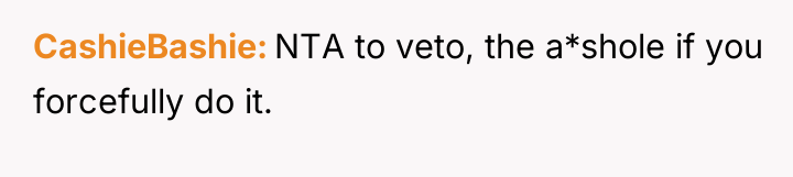 CashieBashie NTA to veto, the a*shole if you forcefully do...