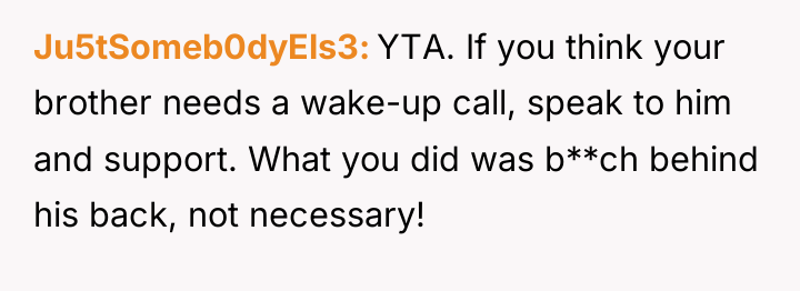 Ju5tSomeb0dyEls3 YTA. If you think your brother needs a wake-up...