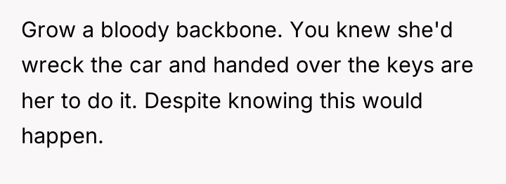 Grow a bloody backbone. You knew she'd wreck the car...