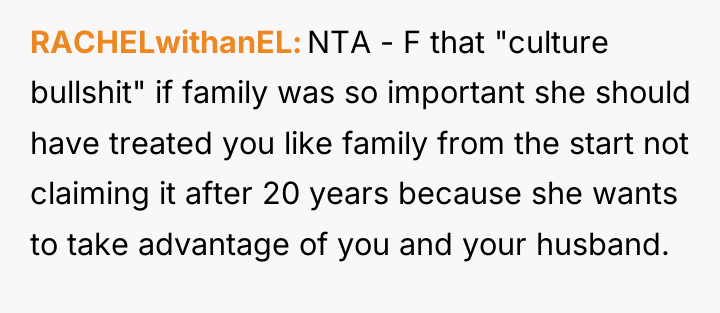RACHELwithanEL NTA - F that "culture bullshit" if family was...