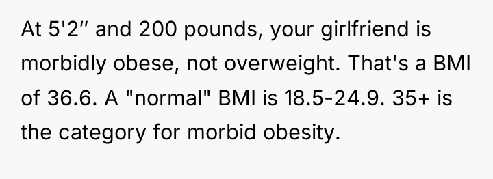 At 5'2″ and 200 pounds, your girlfriend is morbidly obese,...