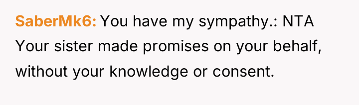 SaberMk6 You have my sympathy.: NTA Your sister made promises...