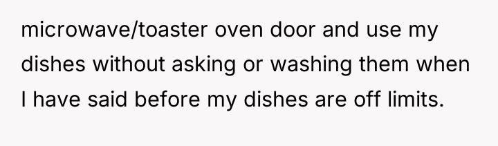 microwave/toaster oven door and use my dishes without asking or...