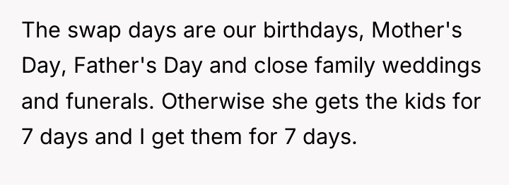 The swap days are our birthdays, Mother's Day, Father's Day...