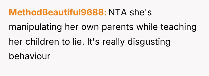 MethodBeautiful9688 NTA she's manipulating her own parents while teaching her...
