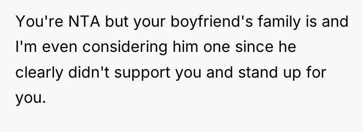 You're NTA but your boyfriend's family is and I'm even...