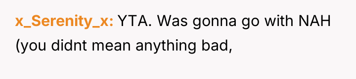 x_Serenity_x YTA. Was gonna go with NAH (you didnt mean...