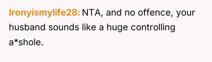 Ironyismylife28 NTA, and no offence, your husband sounds like a...