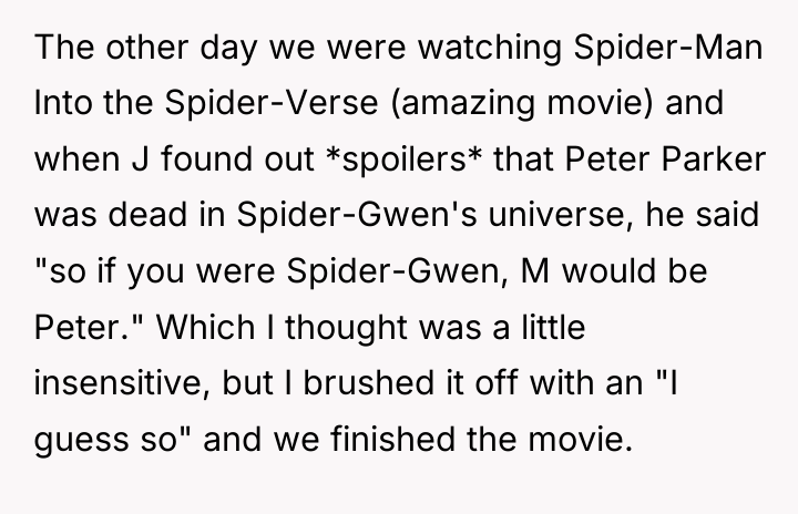 The other day we were watching Spider-Man Into the Spider-Verse...