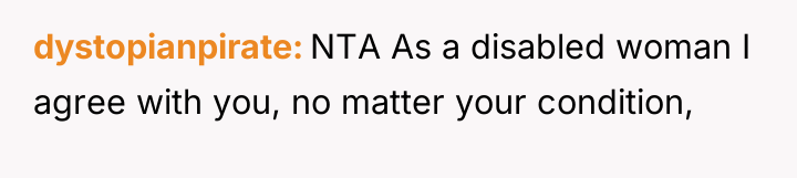 dystopianpirate NTA As a disabled woman I agree with you,...