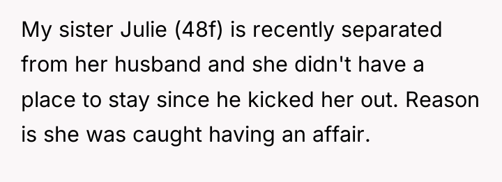 My sister Julie (48f) is recently separated from her husband...