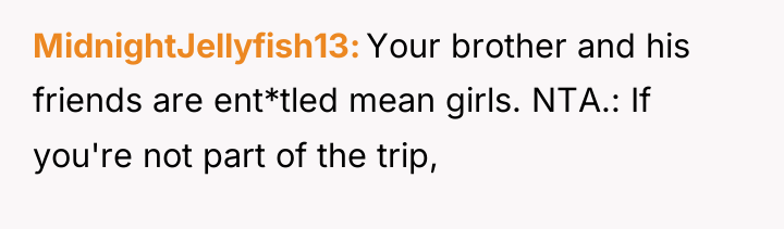 MidnightJellyfish13 Your brother and his friends are ent*tled mean girls....