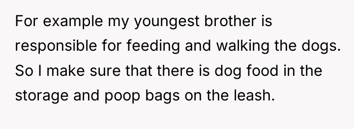 For example my youngest brother is responsible for feeding and...