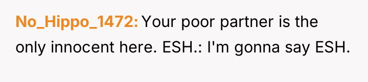 No_Hippo_1472 Your poor partner is the only innocent here. ESH.:...