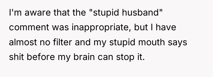 I'm aware that the "stupid husband" comment was inappropriate, but...