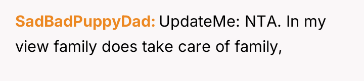 SadBadPuppyDad UpdateMe: NTA. In my view family does take care...