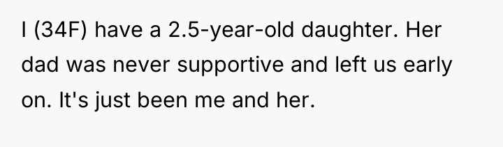 I (34F) have a 2.5-year-old daughter. Her dad was never...