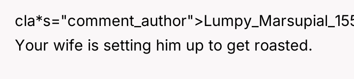 cla*s="comment_author">Lumpy_Marsupial_1559: Your wife is setting him up to get roasted.