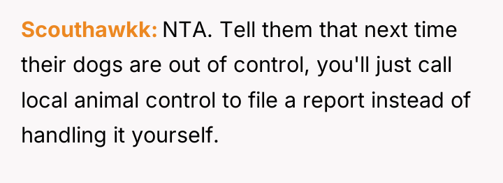 Scouthawkk NTA. Tell them that next time their dogs are...