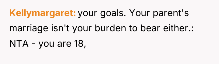 Kellymargaret your goals. Your parent's marriage isn't your burden to...