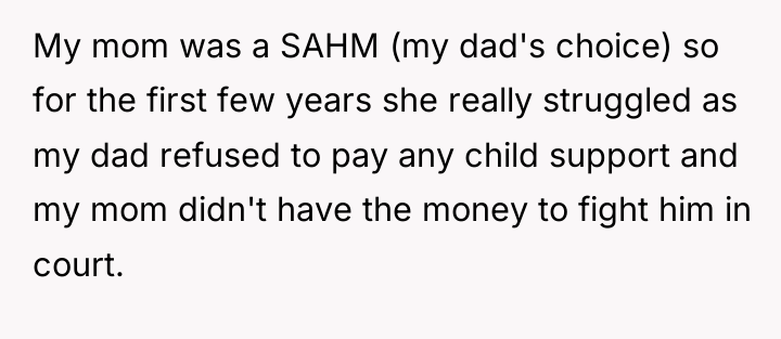 My mom was a SAHM (my dad's choice) so for...