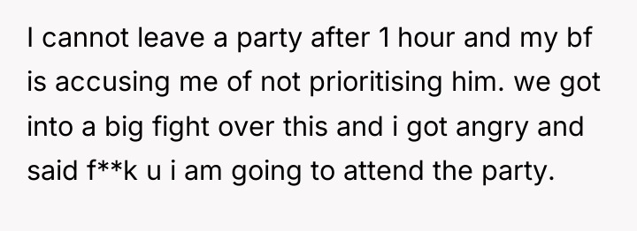 I cannot leave a party after 1 hour and my...