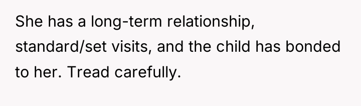 She has a long-term relationship, standard/set visits, and the child...