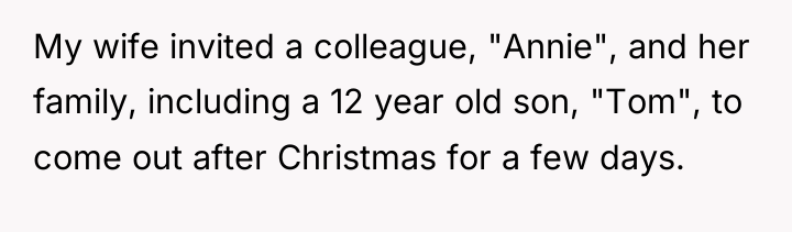 My wife invited a colleague, "Annie", and her family, including...
