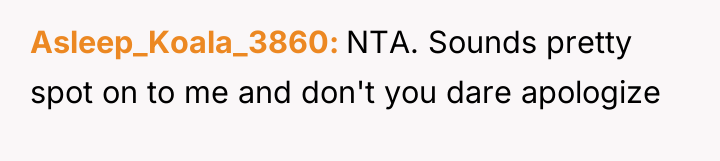 Asleep_Koala_3860 NTA. Sounds pretty spot on to me and don't...