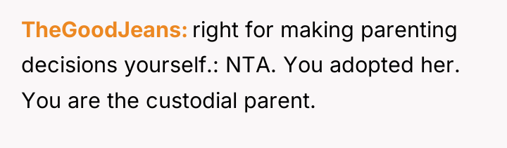 TheGoodJeans right for making parenting decisions yourself.: NTA. You adopted...