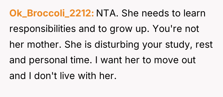 Ok_Broccoli_2212 NTA. She needs to learn responsibilities and to grow...