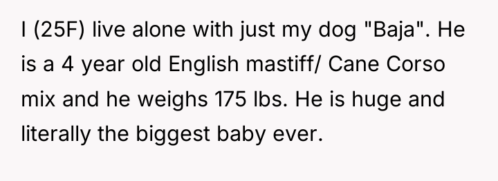 I (25F) live alone with just my dog "Baja". He...