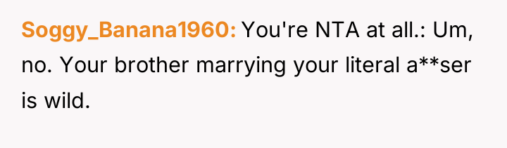 Soggy_Banana1960 You're NTA at all.: Um, no. Your brother marrying...