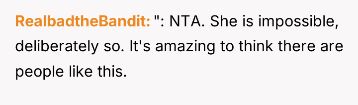 RealbadtheBandit ": NTA. She is impossible, deliberately so. It's amazing...