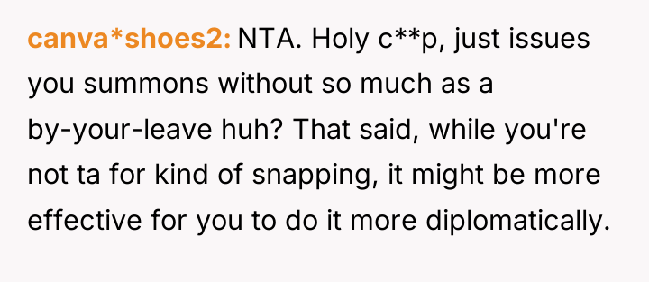 canva*shoes2 NTA. Holy c**p, just issues you summons without so...