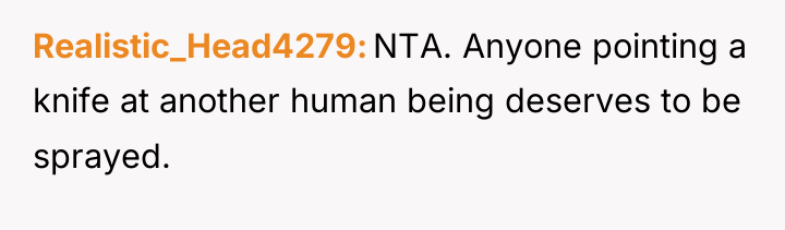 Realistic_Head4279 NTA. Anyone pointing a knife at another human being...