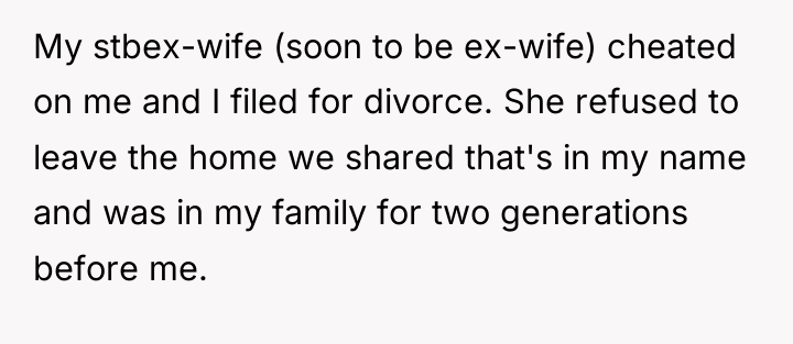 My stbex-wife (soon to be ex-wife) cheated on me and...