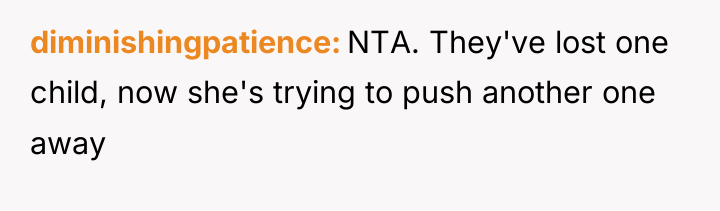 diminishingpatience NTA. They've lost one child, now she's trying to...