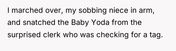 I marched over, my sobbing niece in arm, and snatched...