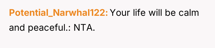 Potential_Narwhal122 Your life will be calm and peaceful.: NTA.
