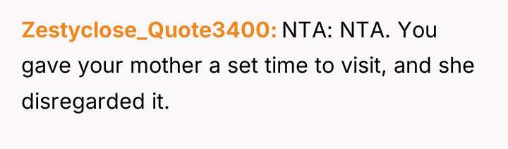 Zestyclose_Quote3400 NTA: NTA. You gave your mother a set time...
