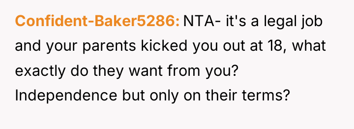 Confident-Baker5286 NTA- it's a legal job and your parents kicked...