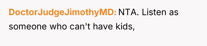 DoctorJudgeJimothyMD NTA. Listen as someone who can't have kids,