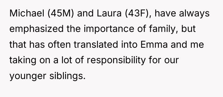 Michael (45M) and Laura (43F), have always emphasized the importance...