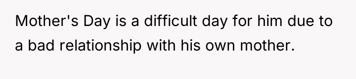 Mother's Day is a difficult day for him due to...