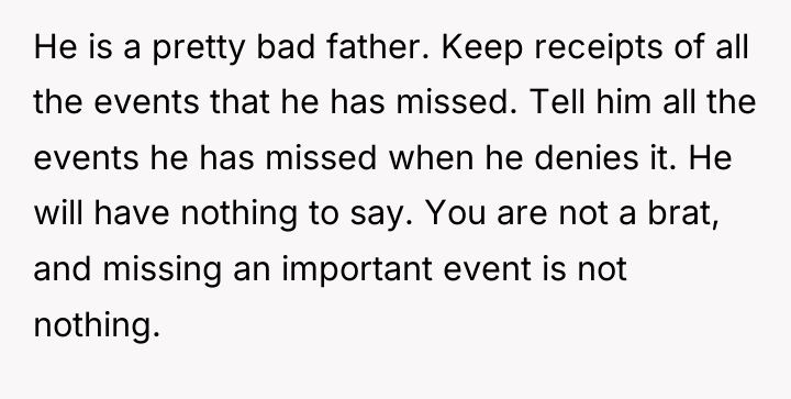 He is a pretty bad father. Keep receipts of all...