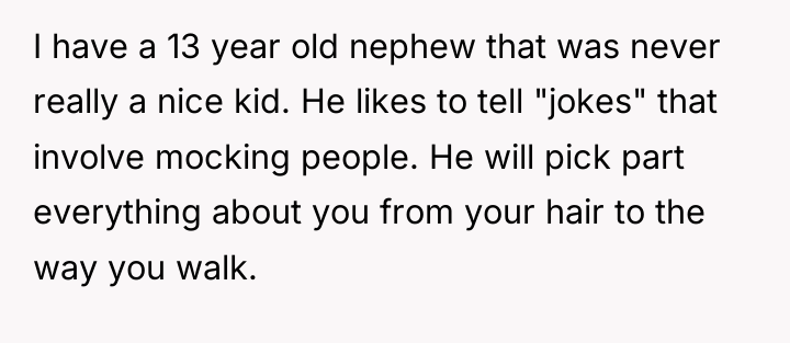 I have a 13 year old nephew that was never...