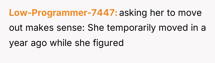 Low-Programmer-7447 asking her to move out makes sense: She temporarily...