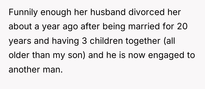 Funnily enough her husband divorced her about a year ago...